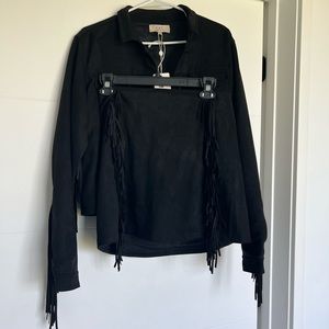 C&V Chelsea and Violet Black Fringe Faux Suede Set, Large. Jacket and Skirt, NWT